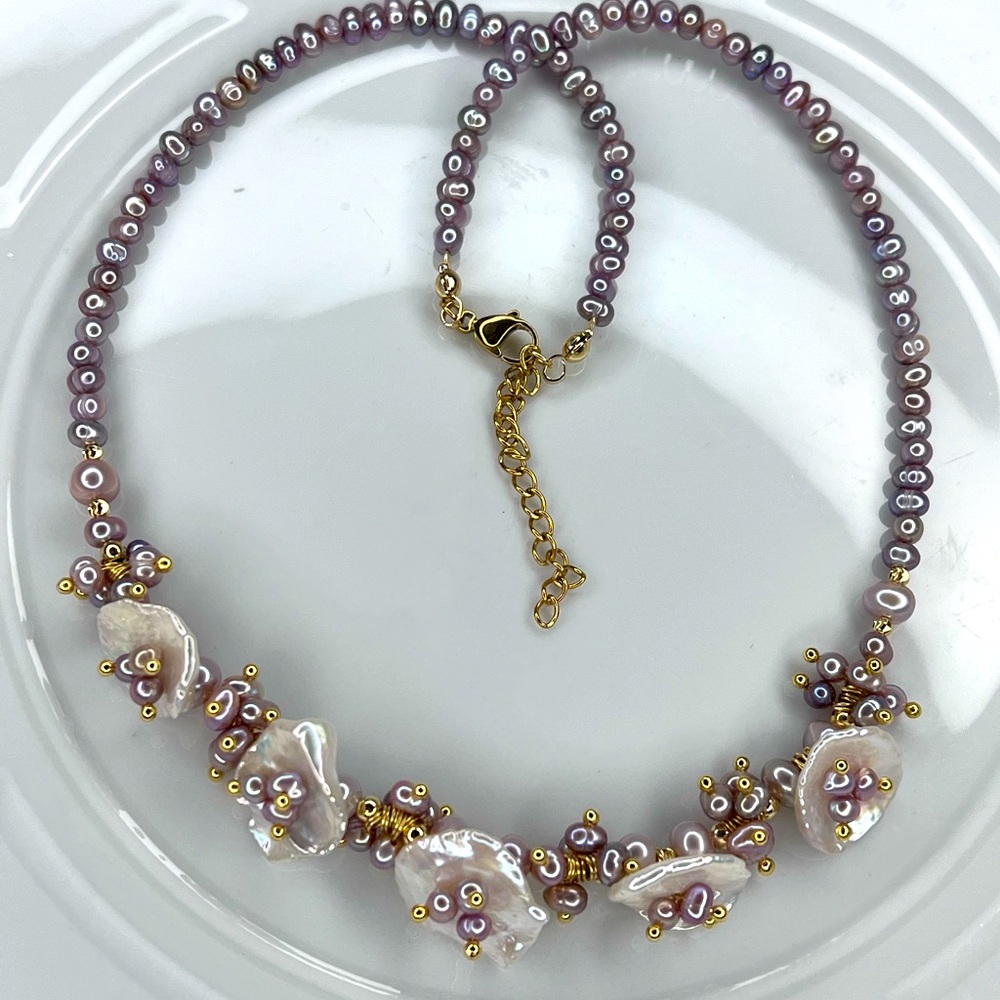 🤯😱 Gorgeous Handmade Gold Plated Freshwater Keshi Pearl Pink Purple Necklace - Picture 2 of 3